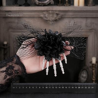 Themed Hair Accessories Gothic Skeleton Hand Flowers Clip with Black Mesh, Halloween Jewelry Skull Bone Claw Hairpin for Girls,Women, Party