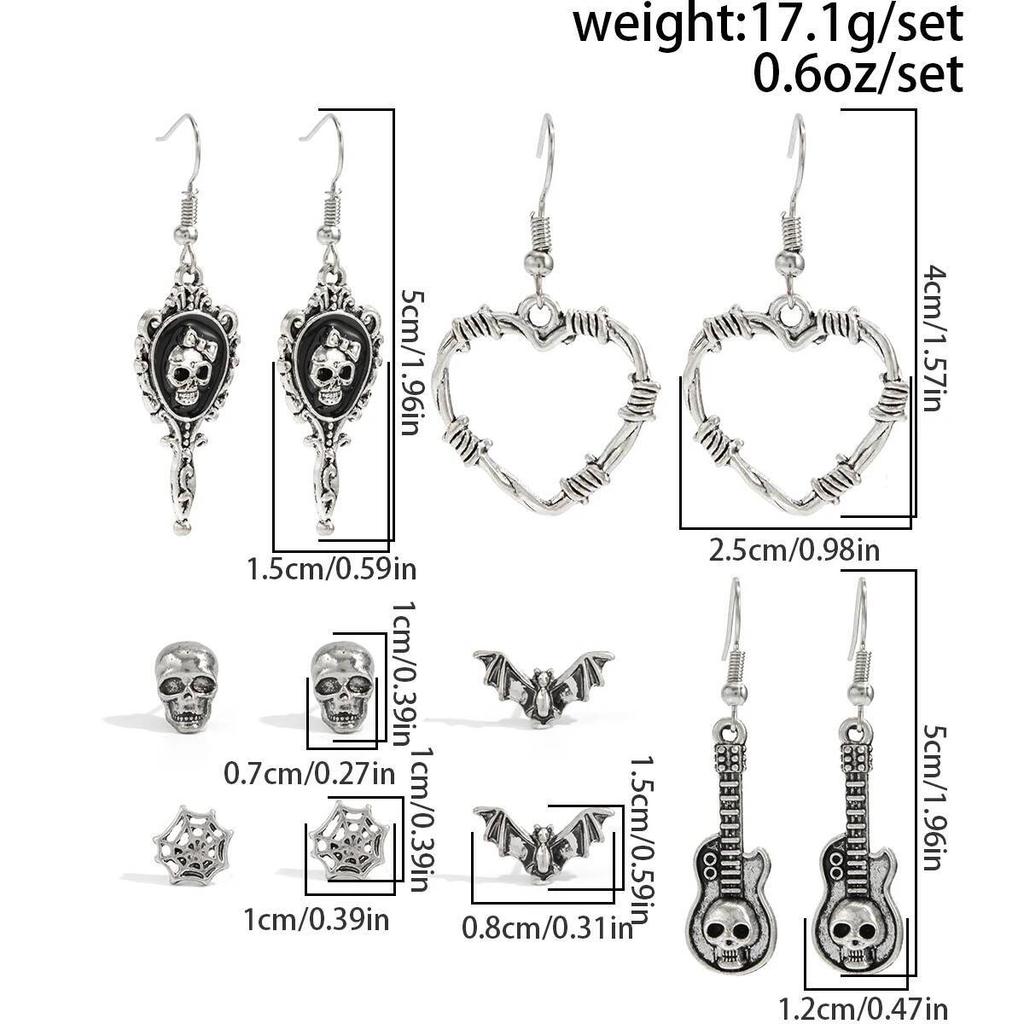 SHIXIN 6 Pair Goth Skull Bat Cross Stud Earrings for Women Punk Heart Guitar Skeleton Drop Earrings Vintage Halloween Jewelry