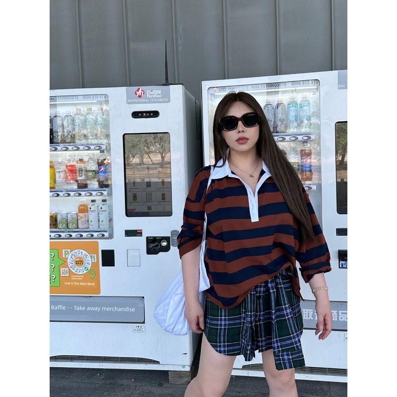 30% Off Miss Biggie European and American Plus Size Slimming Versatile Loose Combed Cotton Horizontal Stripe Polo Collar Long Sleeves Shirt