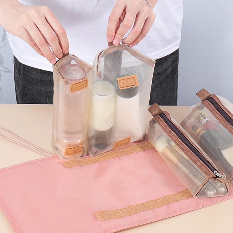 4 In 1 Cosmetic Bag For Women Zipper Mesh Separable Cosmetics Pouch Ladies Foldable Nylon Bag Rope Makeup Bag