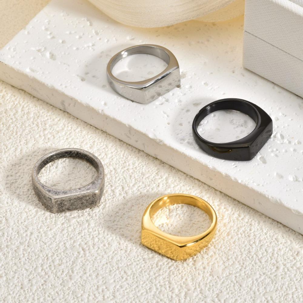 Vintage Titanium Steel Ring for Men Simple Rectangular Design Retro Distressed Finish Jewelry