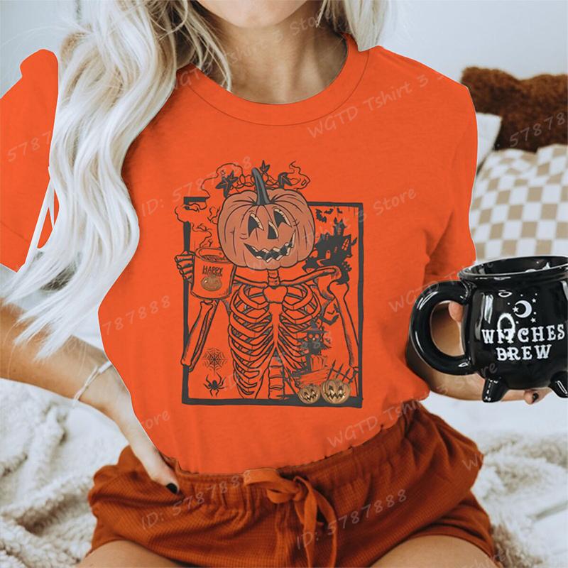 Funny Halloween Skeleton  Pumpkin Letter Print Tshirts Trendy Casual Short Sleeve Crew Neck Tees Tops Womens Clothing