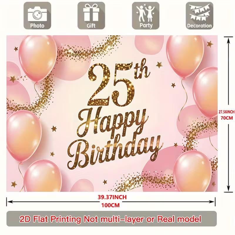 2D Soft Pink 25th Birthday Backdrop with Gold Confetti Photo Booth Banner