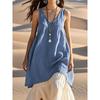 Women's Summer Boho Cotton Linen Dress, V Neck Sleeveless Loose Casual Solid Color Beach Vacation Tunic Dress