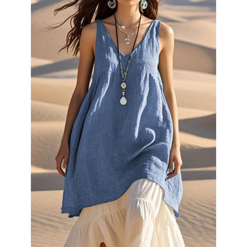Women's Summer Boho Cotton Linen Dress, V Neck Sleeveless Loose Casual Solid Color Beach Vacation Tunic Dress
