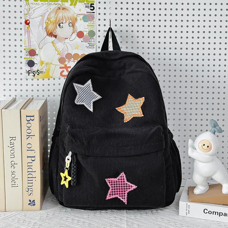 Schoolbag New Corduroy Star Patch Backpack Women's Large Capacity Casual Bag Women's Soft Sister Cute Middle School School Bag