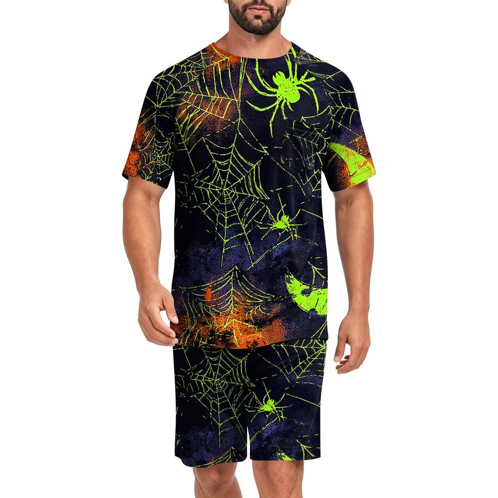 Men's Halloween Casual Pajama Set Short Sleeve Top and Shorts Comfortable Lightweight Sleepwear for Home Relaxation