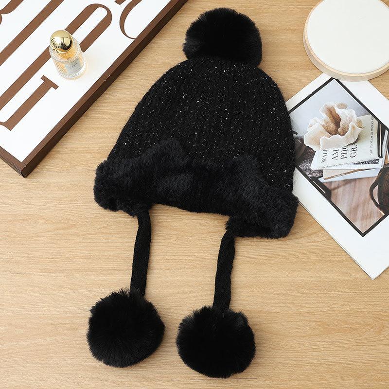 New Fleece Warm Knitted Hat Autumn and Winter Thickened Pullover Ear Protector Wool Fleece Hat Women's Hairball Hat