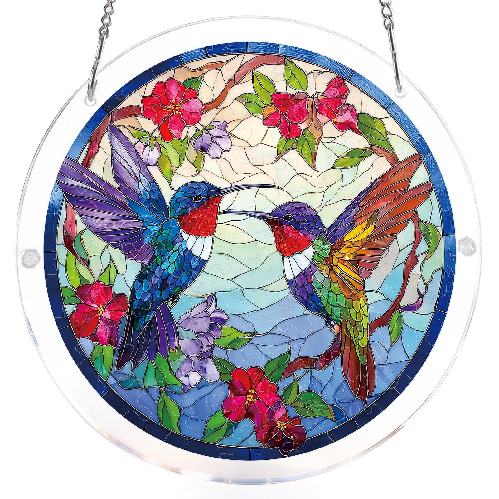 Round Acrylic Suncatcher Window Hanging Ornament with Hummingbird and Floral Mosaic Design for Home Decoration and Light Reflection One Size