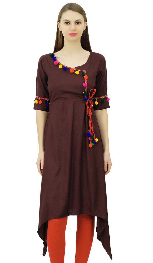 Phagun Angrakha Style Rayon Womens Tunic Kurta Pom-Pom Designer Kurti Top Indian