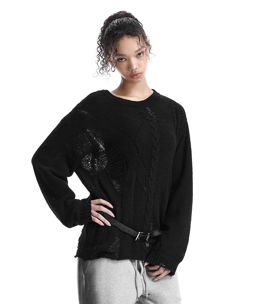 TREEMINGBIRD Distressed Cable-Knit Top [ Black ]