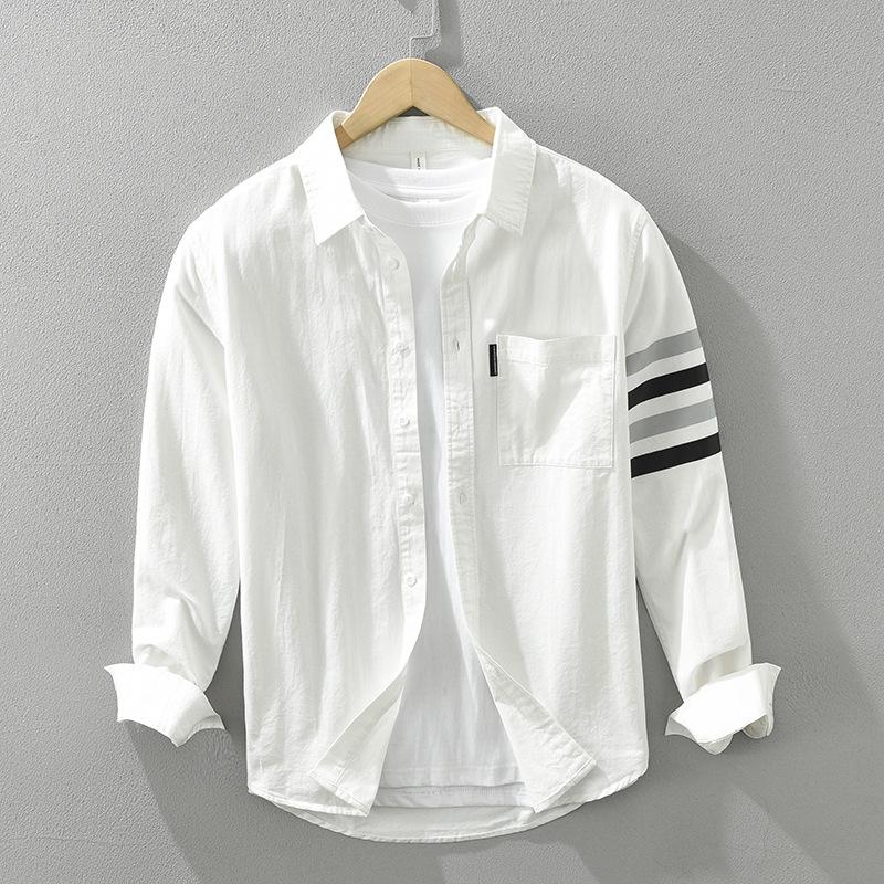 

Korean Style Long Sleeve Men s Casual Shirt Youth Arm Ribbons Designer Shirt Lapel Collar Pure Cotton Oxfords Men Tops M белый