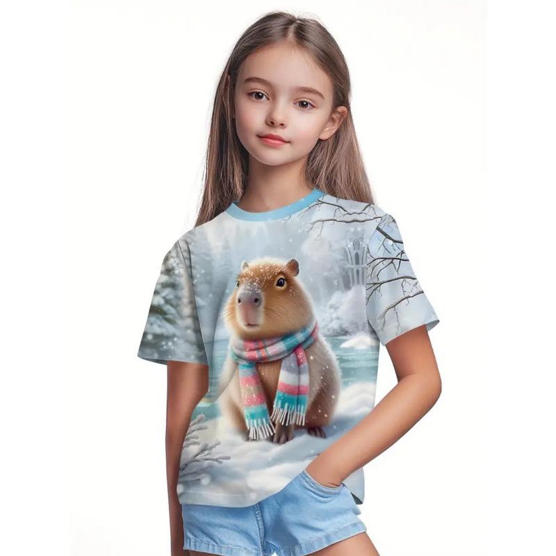 T-Shirts for Girls Fashion Capybara Children Clothes Summer Girls Clothes 7 To 8 Years Tops Cute Cartoon Print Tee Child T-Shirt