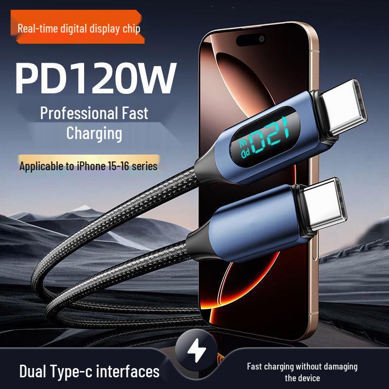 120W Dual Type-C Fast Charging Cable with Digital Display for Apple, Huawei, Vivo, and Oppo
