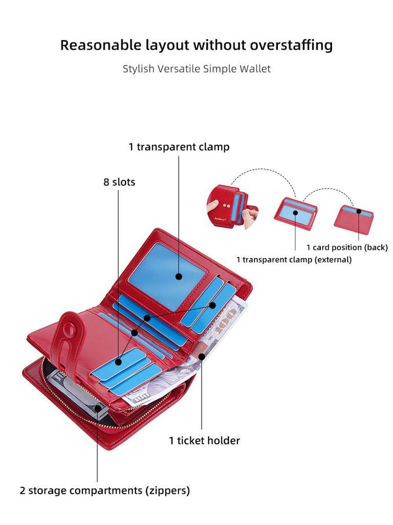 Baellerry Damen Glänzende Ölwachs Leder Geldbörse - Kurz, Mehrere Kartenfächer, Reißverschluss-Münzfach