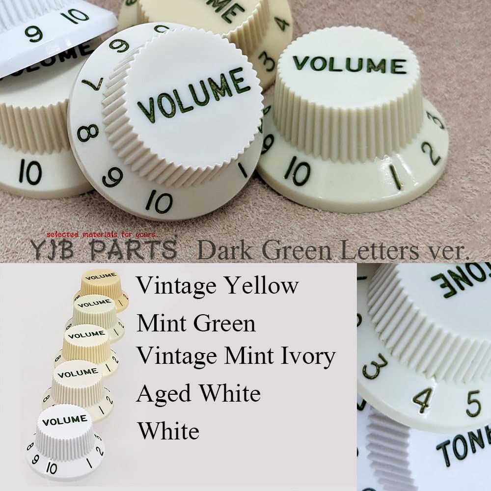 YJB PARTS Stratocaster Knob Set (1V2T) Compatible with Inch and Metric Scales (Aged White [Dark Green Letters])
