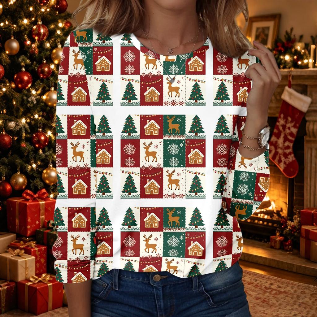 Women's Fashion Christmas Print Crewneck Long Sleeve Pullover Top, Casual Holiday Shirt