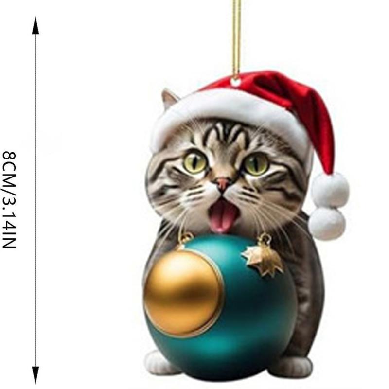 3D Acrylic Cartoon Cat Pendant Holiday Christmas Tree Ornaments 1pcs Xmas Gift Box Car Swinging Pendant Car Interior Decoration