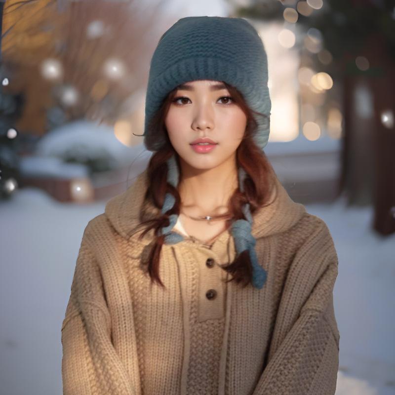 Korean Style Fashion Bag Head Hat for Women In Winter New Style Tied Warm Knitted Hat High End Cold Proof Versatile Ear Protection Hat Trendy