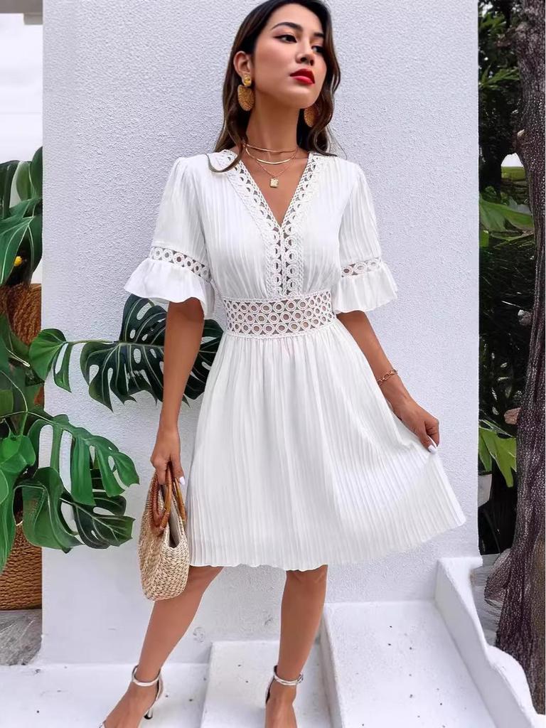 European & American Women's Summer V-neck Solid Color Dress with Patchwork Lace & Waist-cinching Design