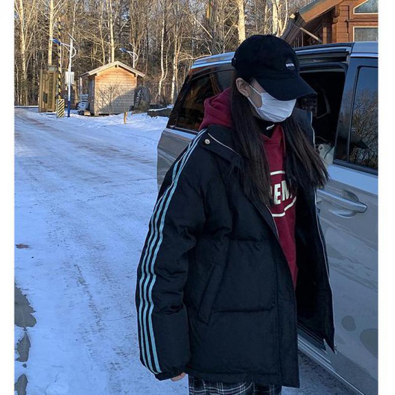 Winter Korean Loose Femme Bread Coat For Student Striped Thick Jaket Women Parkas Pink Black Outwear Clothes
