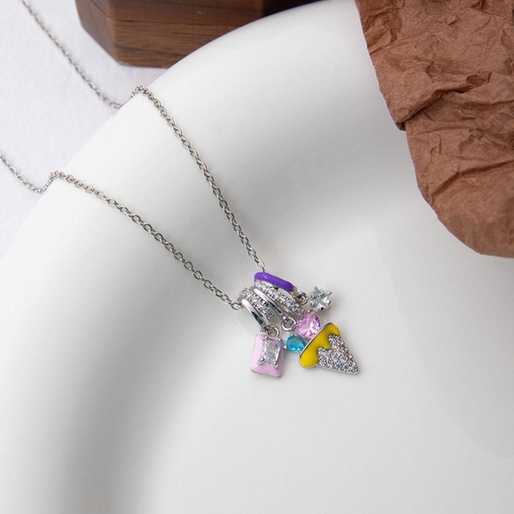 Colorful Ice Cream Necklace Simple Elegant Enamel Pendant Flower Zircon Necklace Valentine's Day