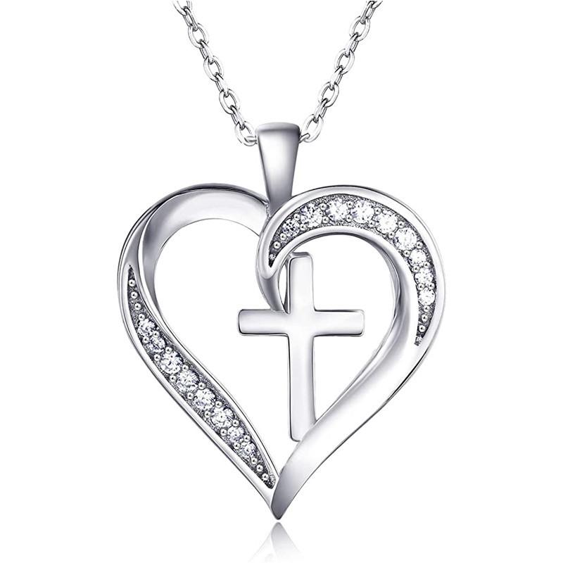 Women Heart and Cross Pendant Necklace with Sparkling Stone Accents Elegant Faith Inspired Jewelry for Daily Wear and Gifting