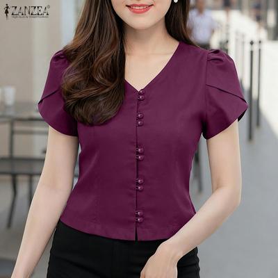Women Casual V-Neck Solid Color Short Sleeve Blouse