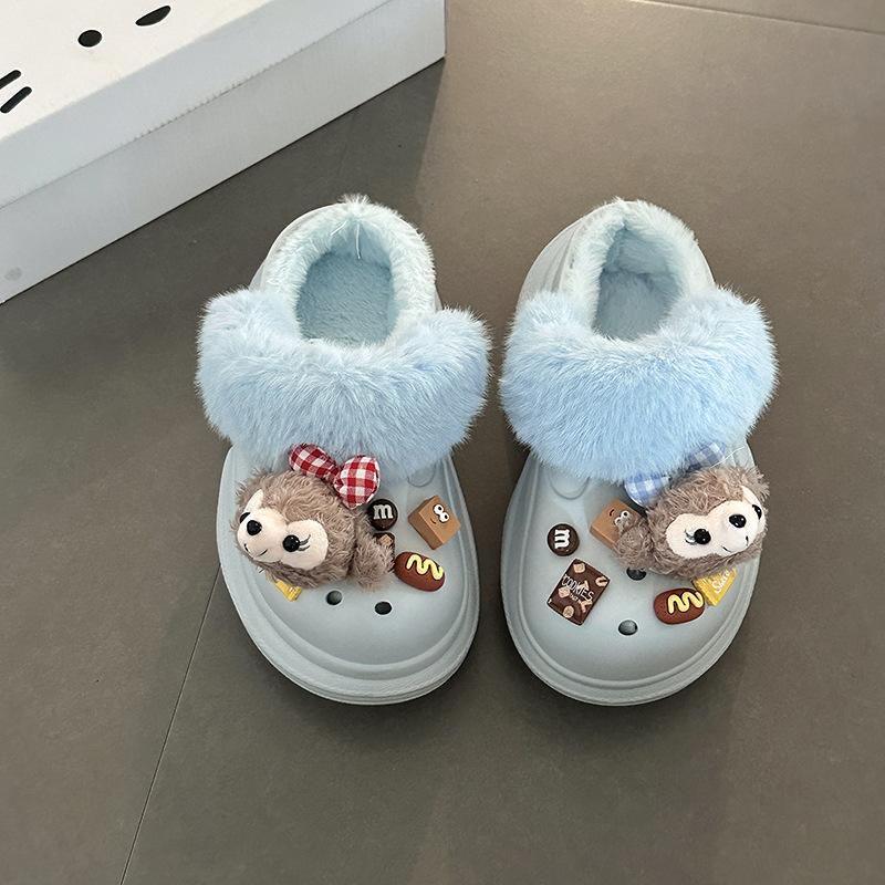 Shirley Mei Casual Hairy Two Wearing Hole Shoes Women's 2025 Autumn and Winter Cute Cartoon Thick-soled Baotou Slippers Cotton Slippers