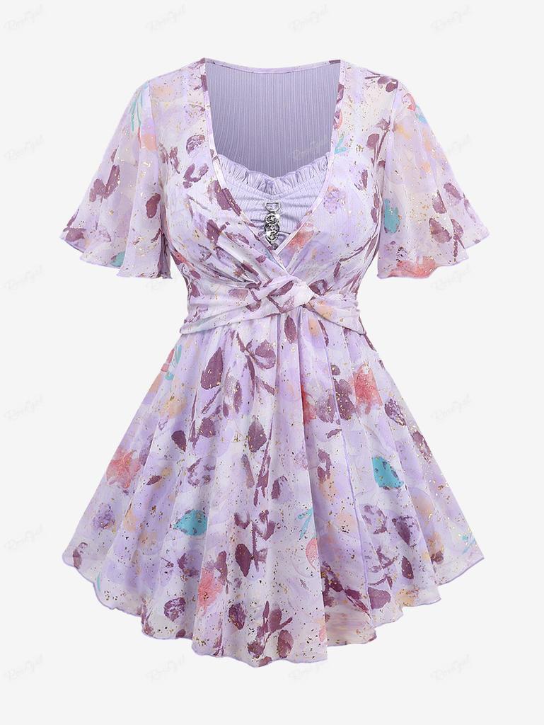 Rosegal Plus Size Floral Print Hot Stamping Chain Panel Ruched Twist Surplice Ruffles 2 In 1 Blouse