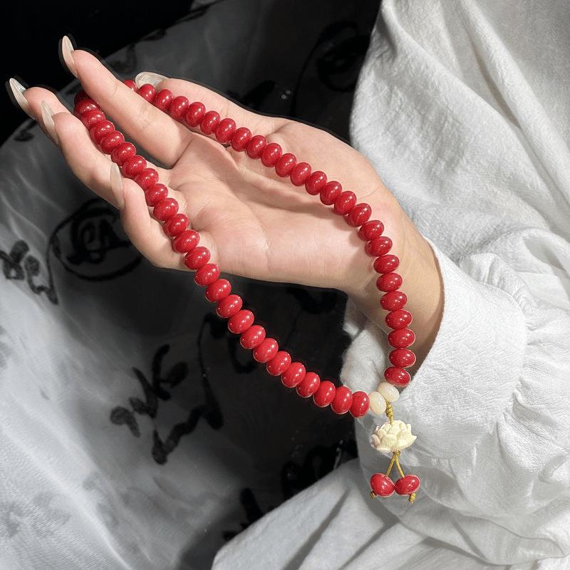 Rose Red Bodhi Root Bracelet - Women's Lotus Design, Double-Loop, National Style Accessory