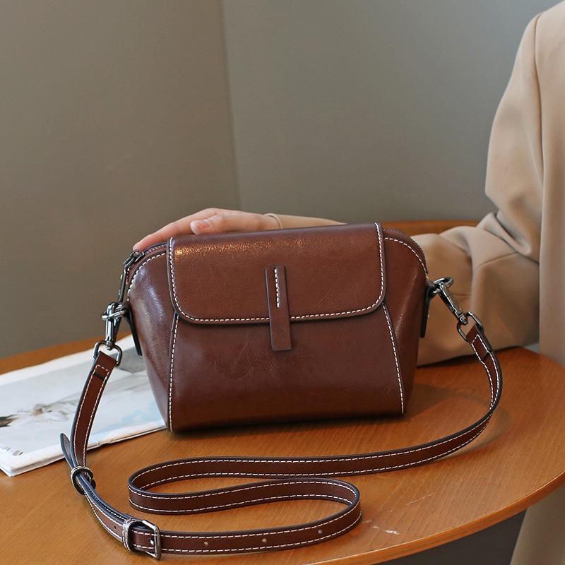 New leather women's bag oil wax cowhide shoulder bag versatile casual fashion portable messenger shell bag