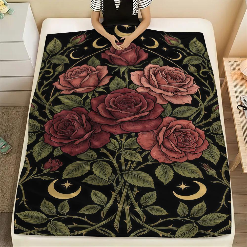 1PC Sleeping Rose  Print FlAannel Blanket, High quality Comfortable for All Seasons, Home Decor, Warmth and Comfort