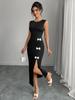 Herbst Enganliegend Ärmellos mit Schleife und Schlitz Einteiler Kleid