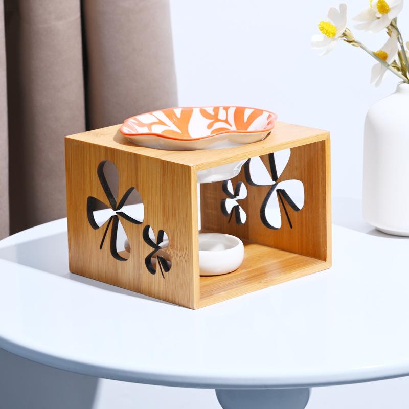 Bamboo Ceramic Essential Oil Burner, Aromatherapy Wax Melt Warmer with Tealight Holder, Home Fragrance Diffuser