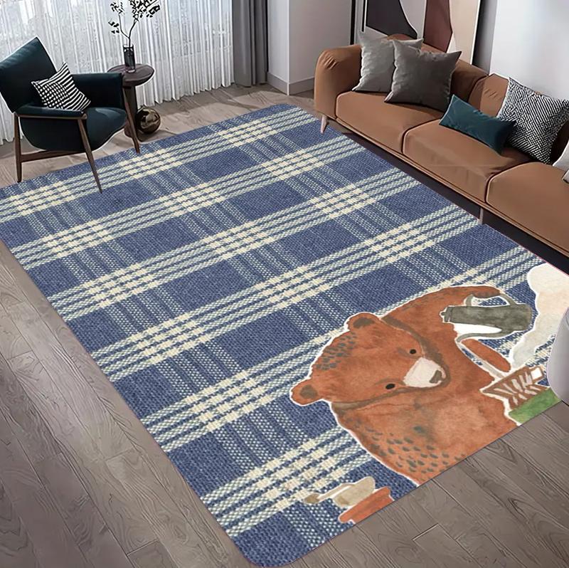 

Nordic Checkered Rug Brown Bear Coffee Pattern Camping Carpet Non-slip Washable Floormat for Bedroom Apartment Doormat Retro 40x60CM