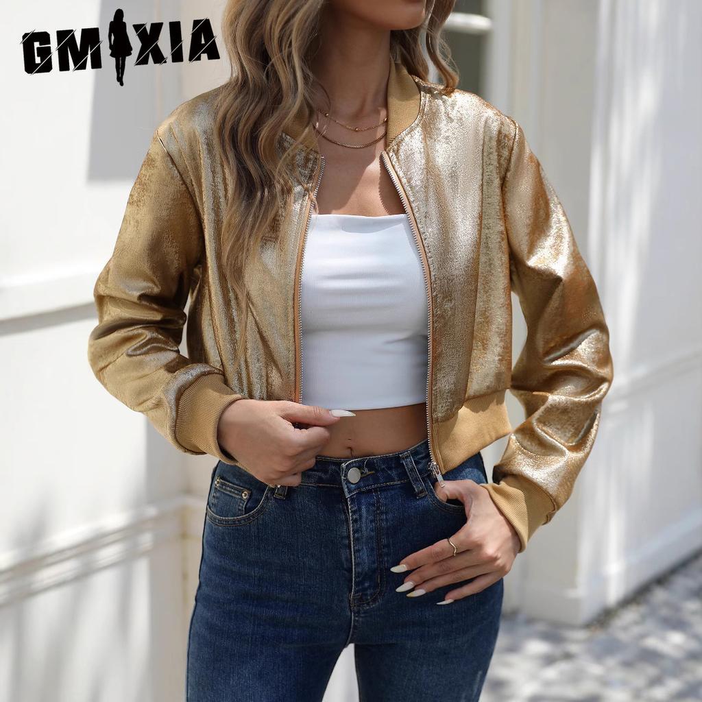GMXIA Dámská jarní a podzimní ležérní bunda s dlouhým rukávem a zipem se zlatou fólií