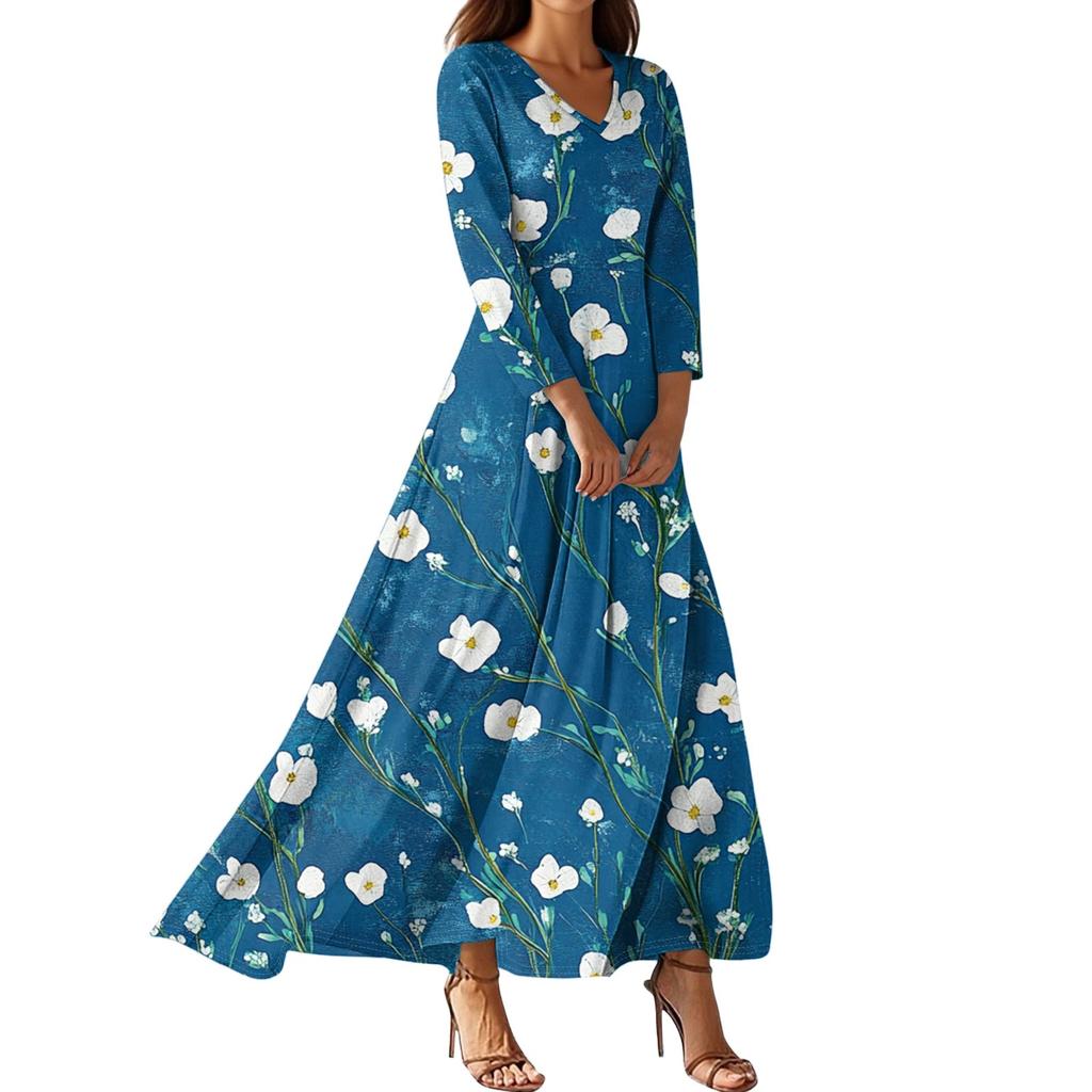 Vestidos de Praia Flutuantes com Decote em V da Moda Feminina, Vestidos Estampados Florais de Sete Mangas