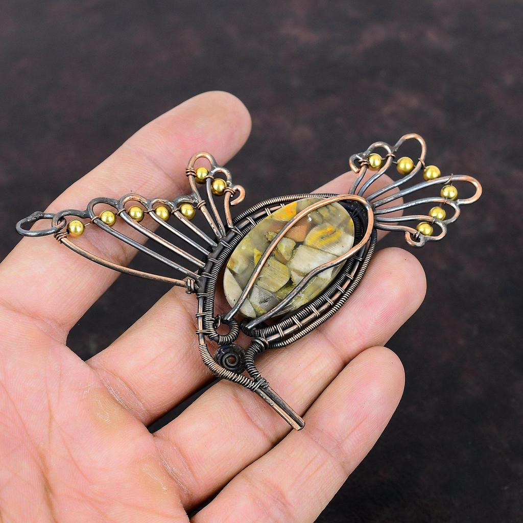 Copper Bumble Bee Jasper Pendant Copper Wire Wrapped Pendant Bird Jewelry Handmade Boho Pendant Copper Gemstone Jewelry Women's Special Gift