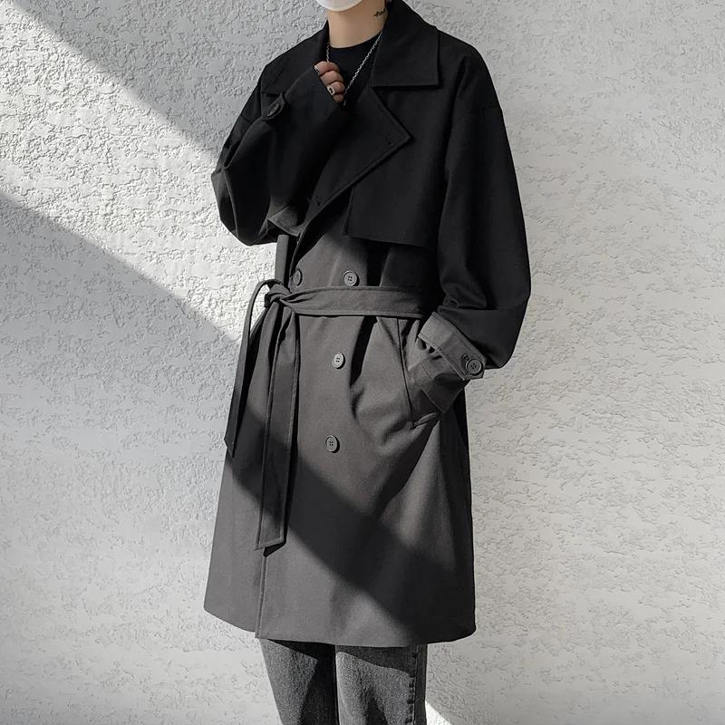 Autumn Men Mid-Length Trench Coat Men Streetwear Windbreaker Trenchcoat Men Solid Color Business Casual Jackets Loose Overcoat