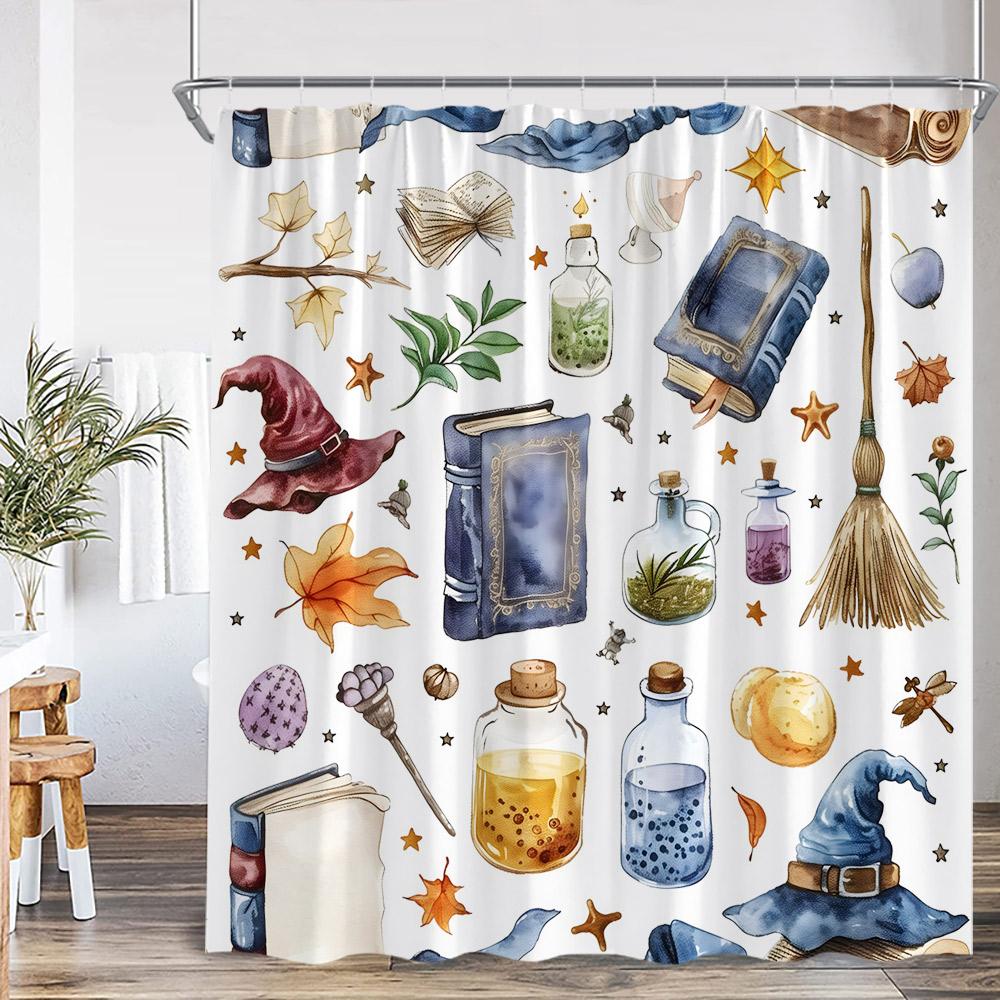 

Witchcraft Magic Vintage Shower Curtain Wizard Hat Witch Magical Room Library Books Bookstack Retro Polyester Bath Curtain Cloth 90x180cm-35x70in