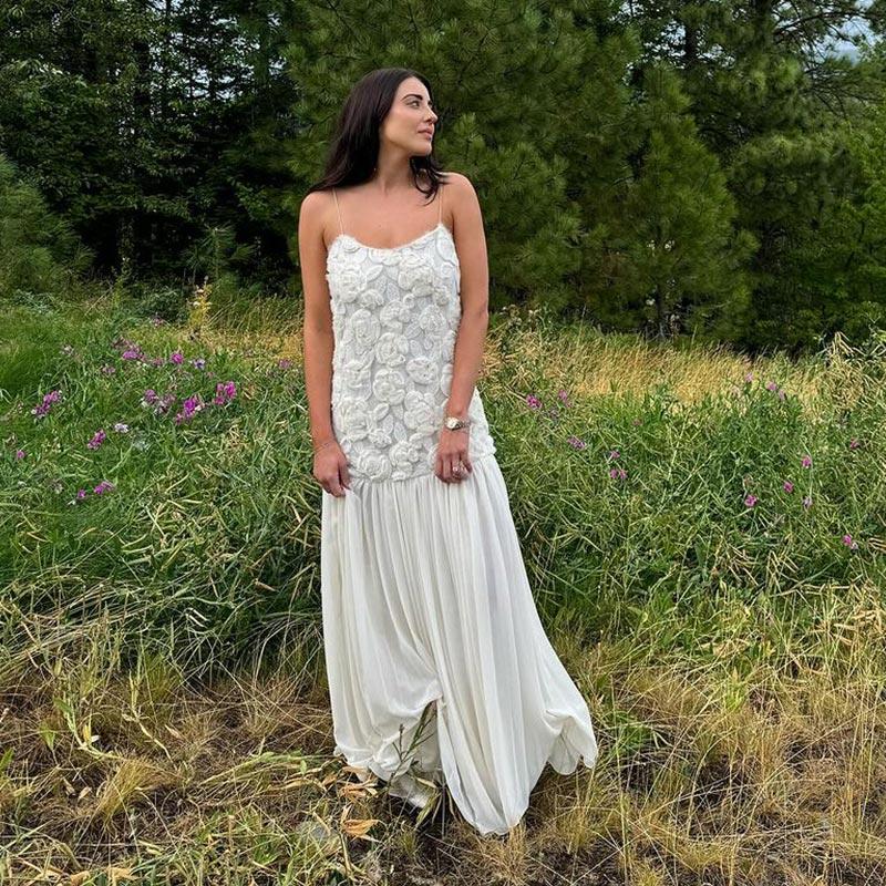 

Женское шифоновое платье, элегантное белое платье с открытой спиной и 3D-цветком на бретелях, плиссированное платье А-силуэта в стиле пэчворк, летнее пляжное платье для отдыха, вечернее платье Vestidos L белый