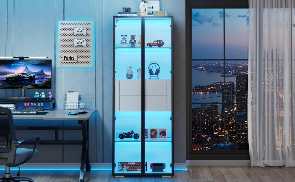 60*40*160cm Display Cabinet with Tempered Glass Door, LED, 2 Glass Shelves, 2 Drawers, Highboard, Living Room Cabinet, White
