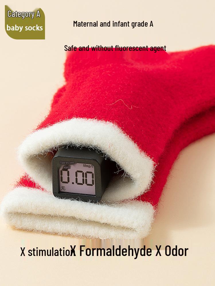 25 Plush Autumn-Winter Newborn Baby Socks, Warm Red for Full Moon & First Year