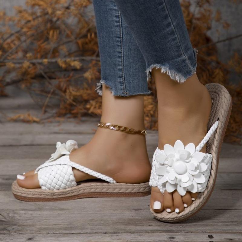 Large size flat-bottomed slippers women's summer woven flower slippers women
