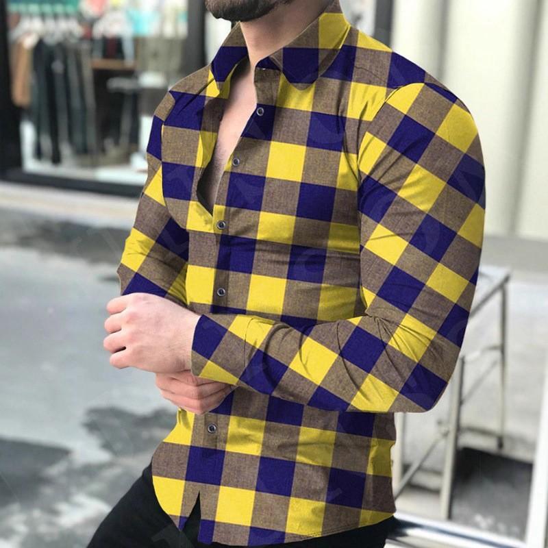 Flip Collar Casual Slim Fit Long Sleeved Checkered Digital Printed Shirt for Men, Long Sleeved Casual Shirt