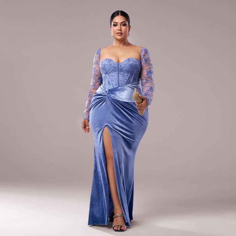 

Cross-Border European and American Plus Size Women s Clothing New High-End Evening Dresses Plus Size Party Dresses Blue 1XL