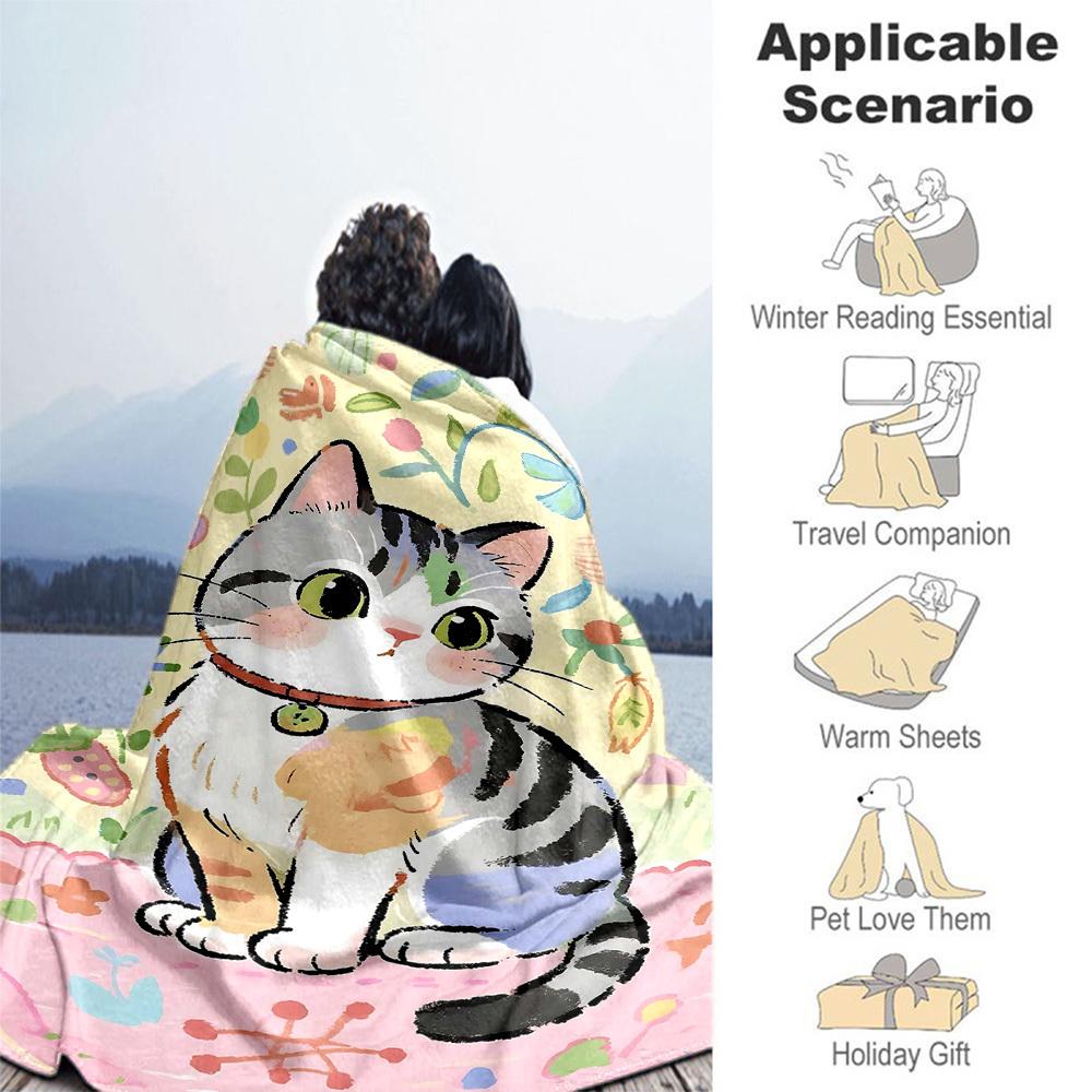 1pc cat, flowers Outdoor Flannel Blanket Soft Warm All-Season Throw for Sofa Bed Car Camping Office, Cozy Gift Idea1310S
