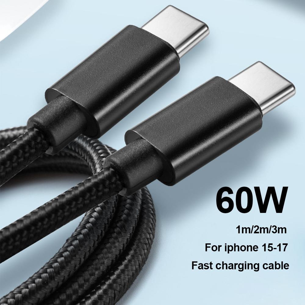 Nylon Braided 60W Type C Wire For iphone 15 16 17 pro max 1m 2m 3m USB C  To Type C Fast Charge Cable for Samsung Xiaomi Huawei