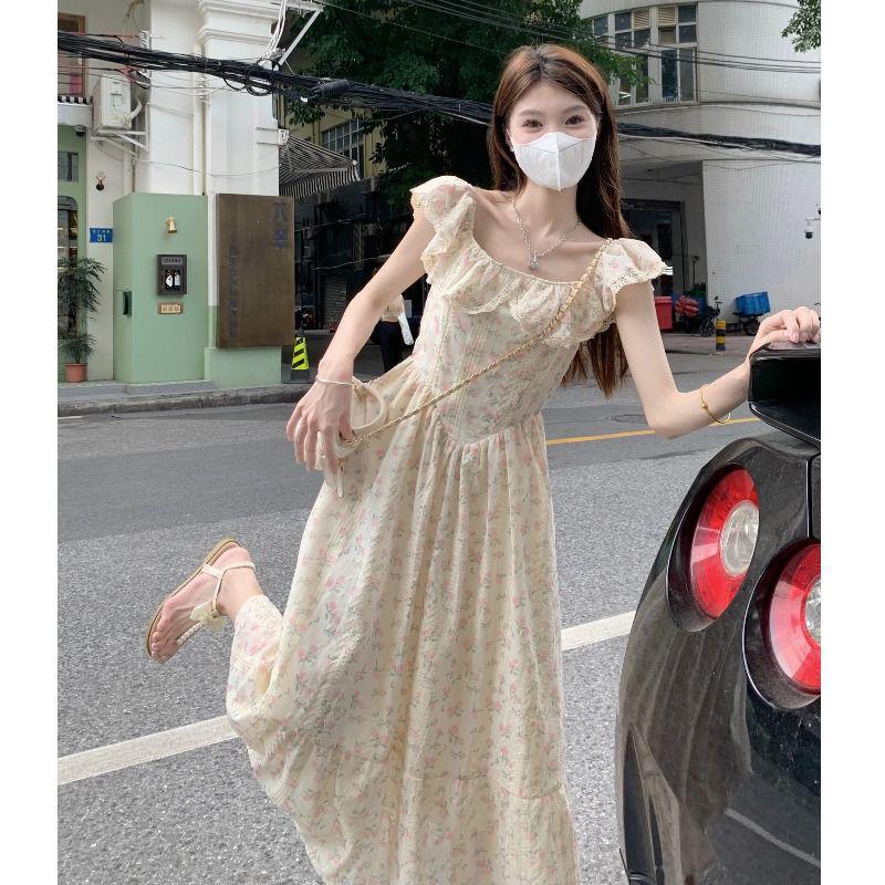 Women's Summer 2024 Embroidered Ruffle Waist-Hugging Petite Dress